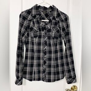 Y2K Guess Plaid Fitted Button Down Shirt Front Pockets Black White Large